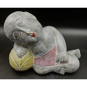 Asian Figurine Wood Hand Carved Sleeping Child on Melon Ball 7in high